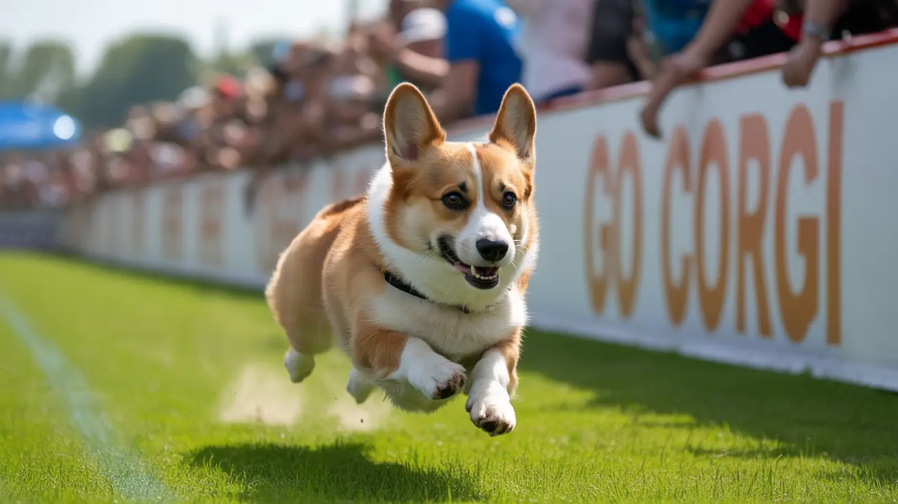 A cheerful Corgi running at full speed on a bright green field during a dog event