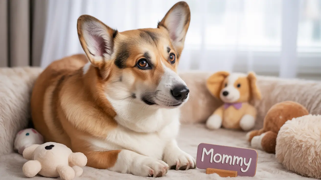 A Corgi sitting calmly among stuffed animal toys with a 'Mommy' sign nearby
