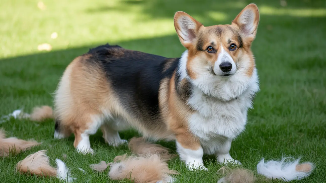 A Corgi standing on a grassy lawn with tufts of fur scattered around from shedding