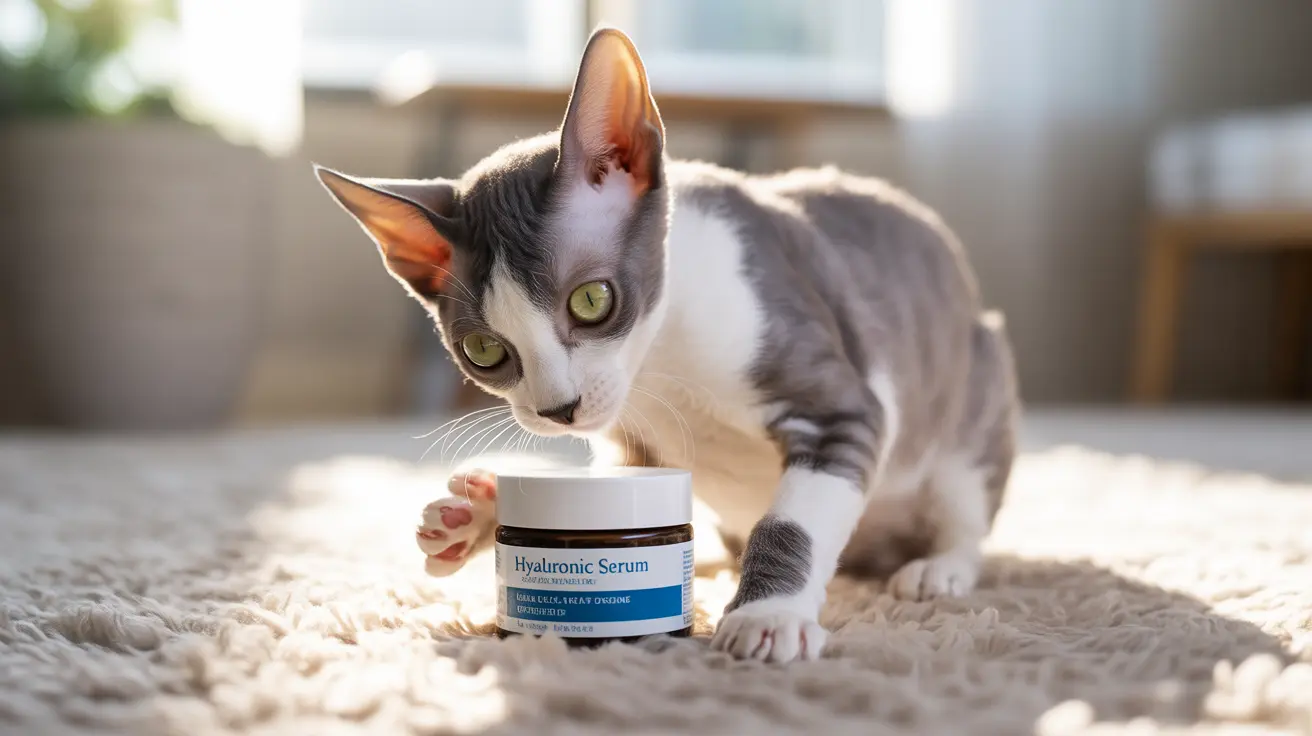 Black and white Cornish Rex cat sitting beside a jar of hyaluronic serum, paw touching the container