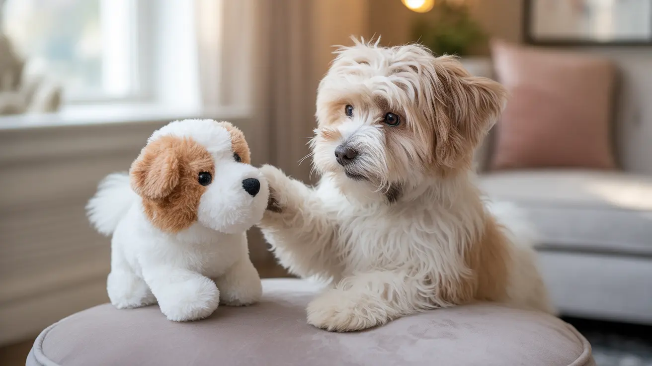 A fluffy white and tan Coton de Tulear dog sitting next to a stuffed toy dog, gently touching the toy with its paw