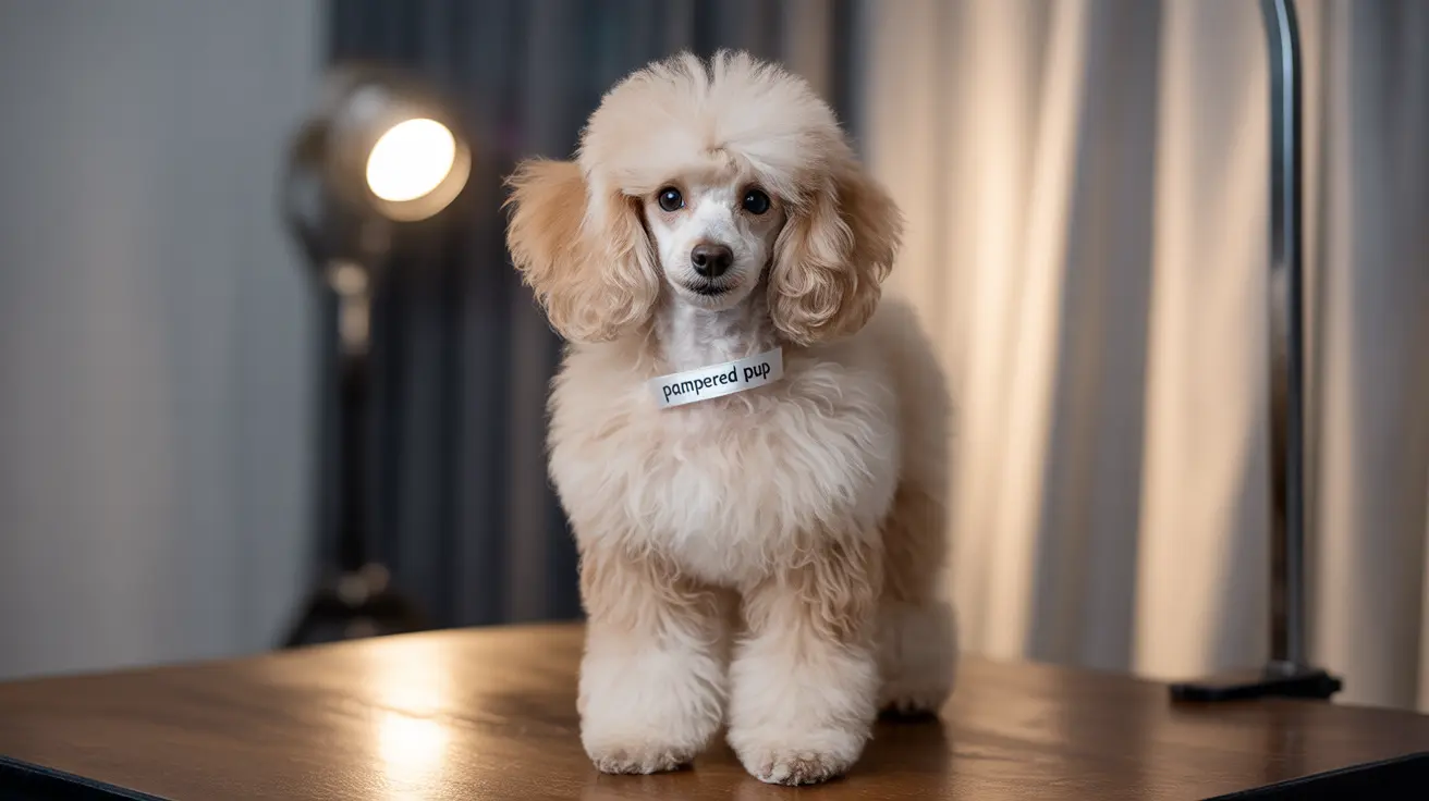 A well-groomed, cream-colored Poodle sitting elegantly on a wooden surface with a 'pampered pup' tag