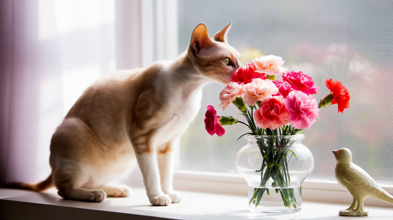A cream and tan colored cat on a windowsill sniffing pink and red carnations