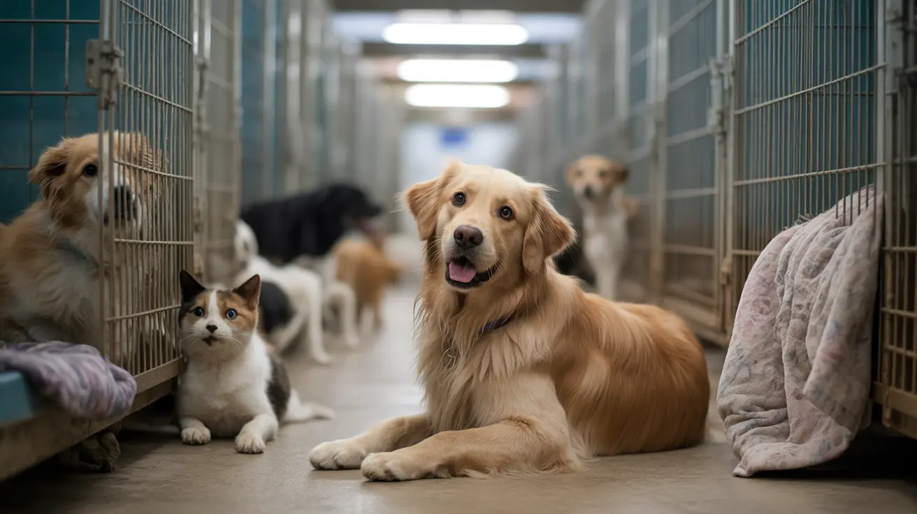 Shelter dogs and cats waiting in kennels at an overcrowded animal shelter