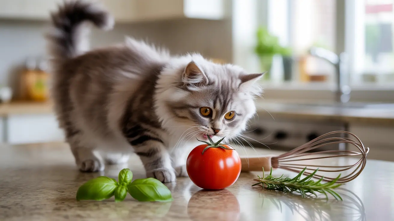 A fluffy white and gray cat curiously investigating a ripe red tomato on a kitchen counter