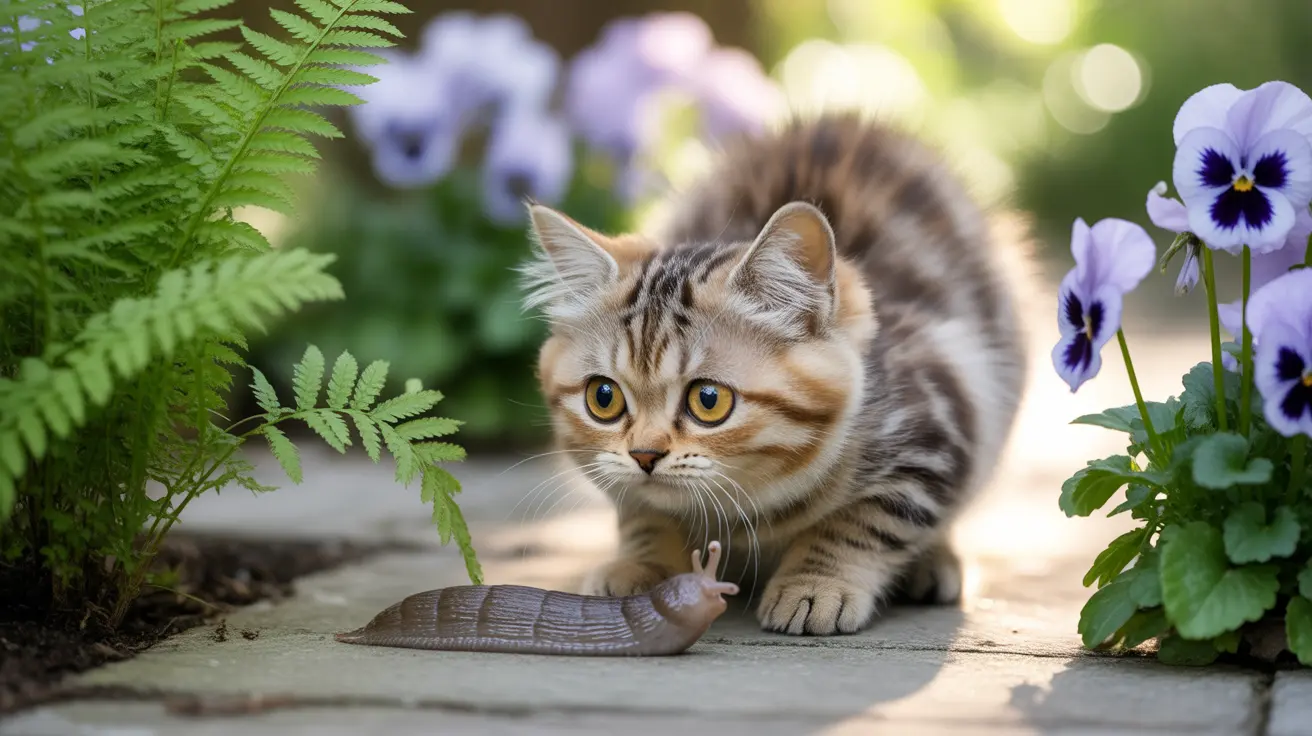 A curious tabby kitten encountering a slug on a stone pathway surrounded by ferns and purple pansies