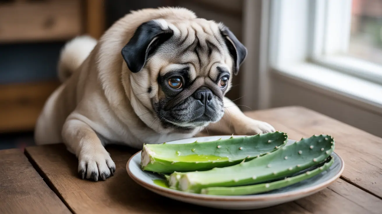 A curious pug puppy looking intently at a plate of aloe vera leaves