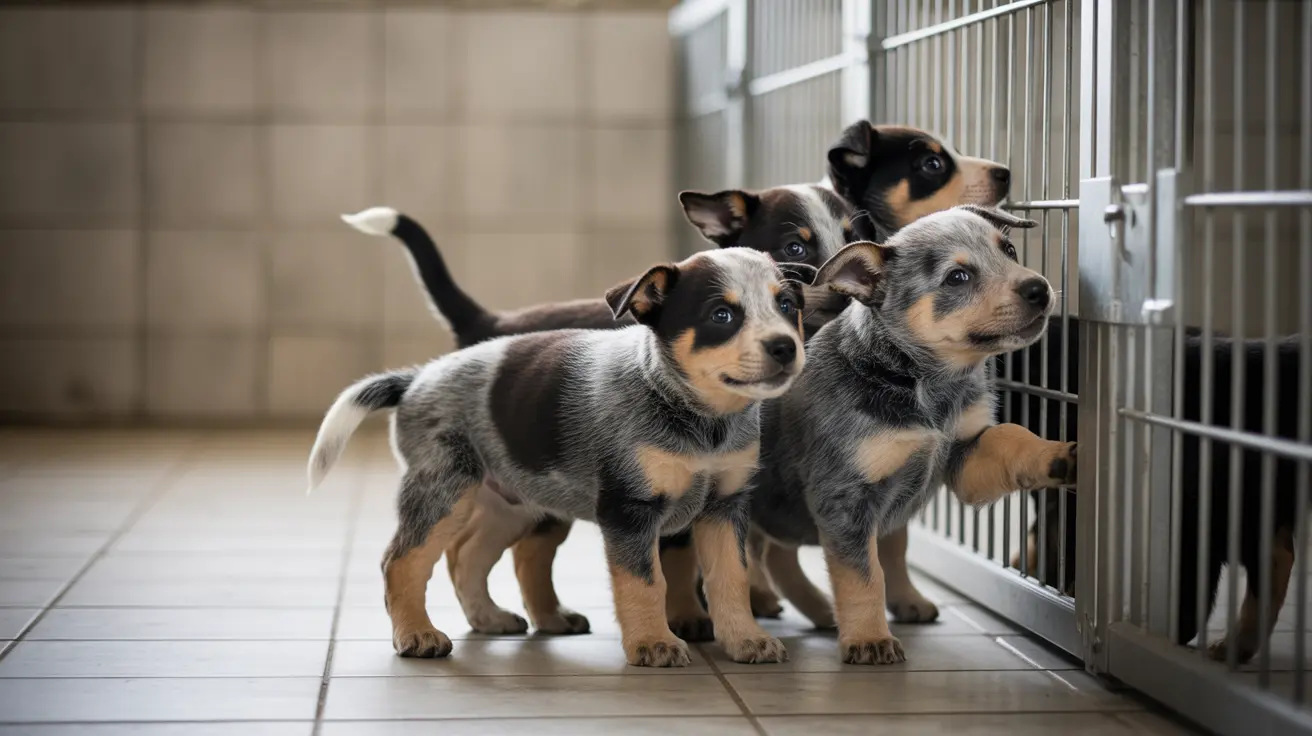 屋内施設の金属製ケネルゲートの近くで遊んだり探検したりしているオーストラリアン・キャトル・ドッグの子犬の群れ