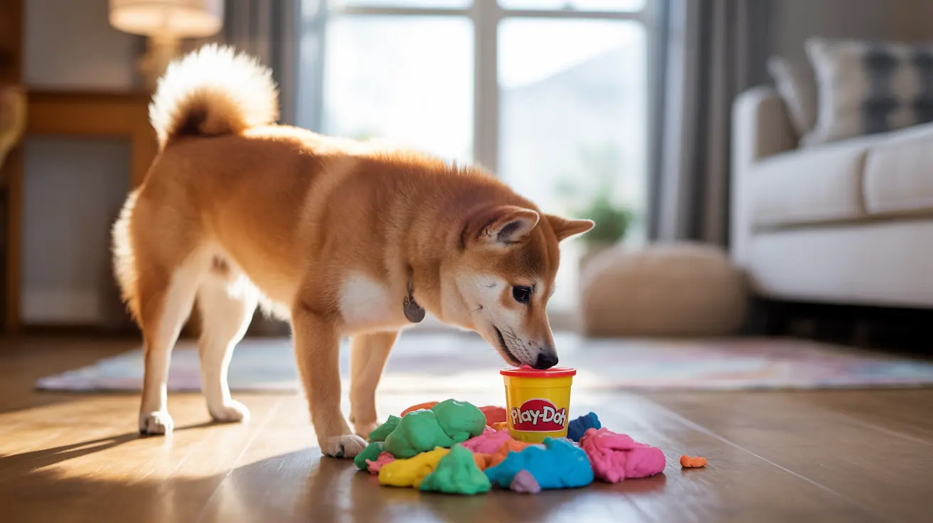 A curious Shiba Inu investigating a Play-Doh container and scattered colorful modeling clay on a wooden floor.