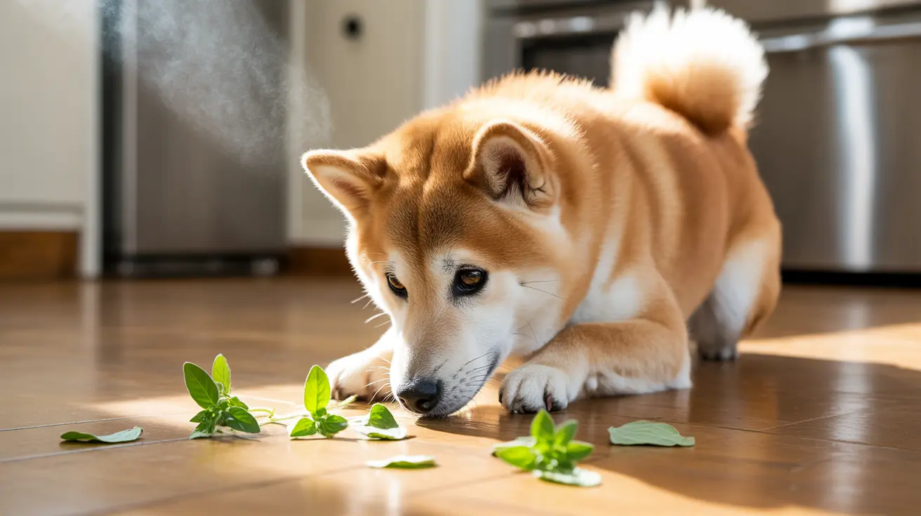 A curious Shiba Inu dog sniffing green leaves on a wooden floor near a kitchen appliance