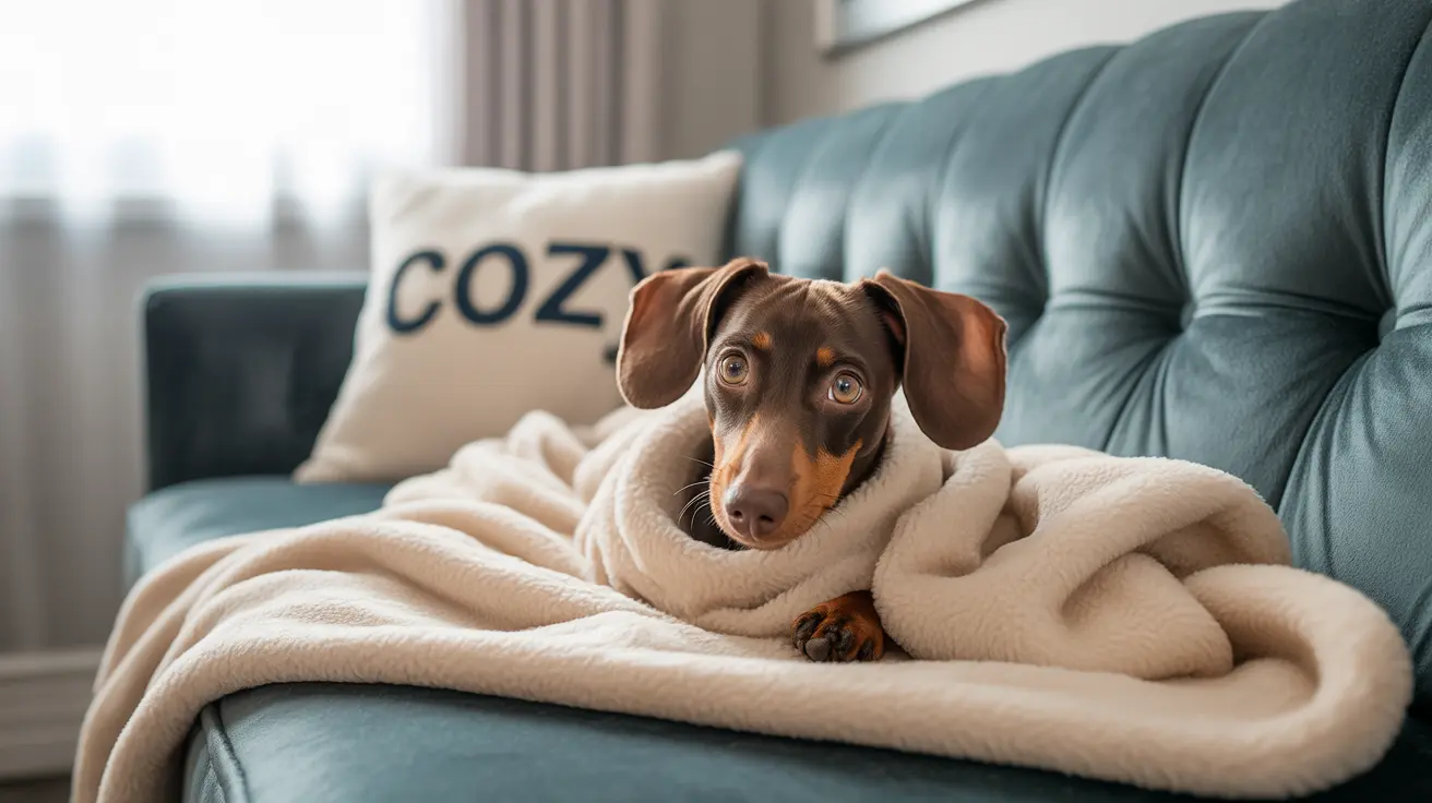 A cute dachshund dog wrapped in a soft white blanket on a teal-colored couch