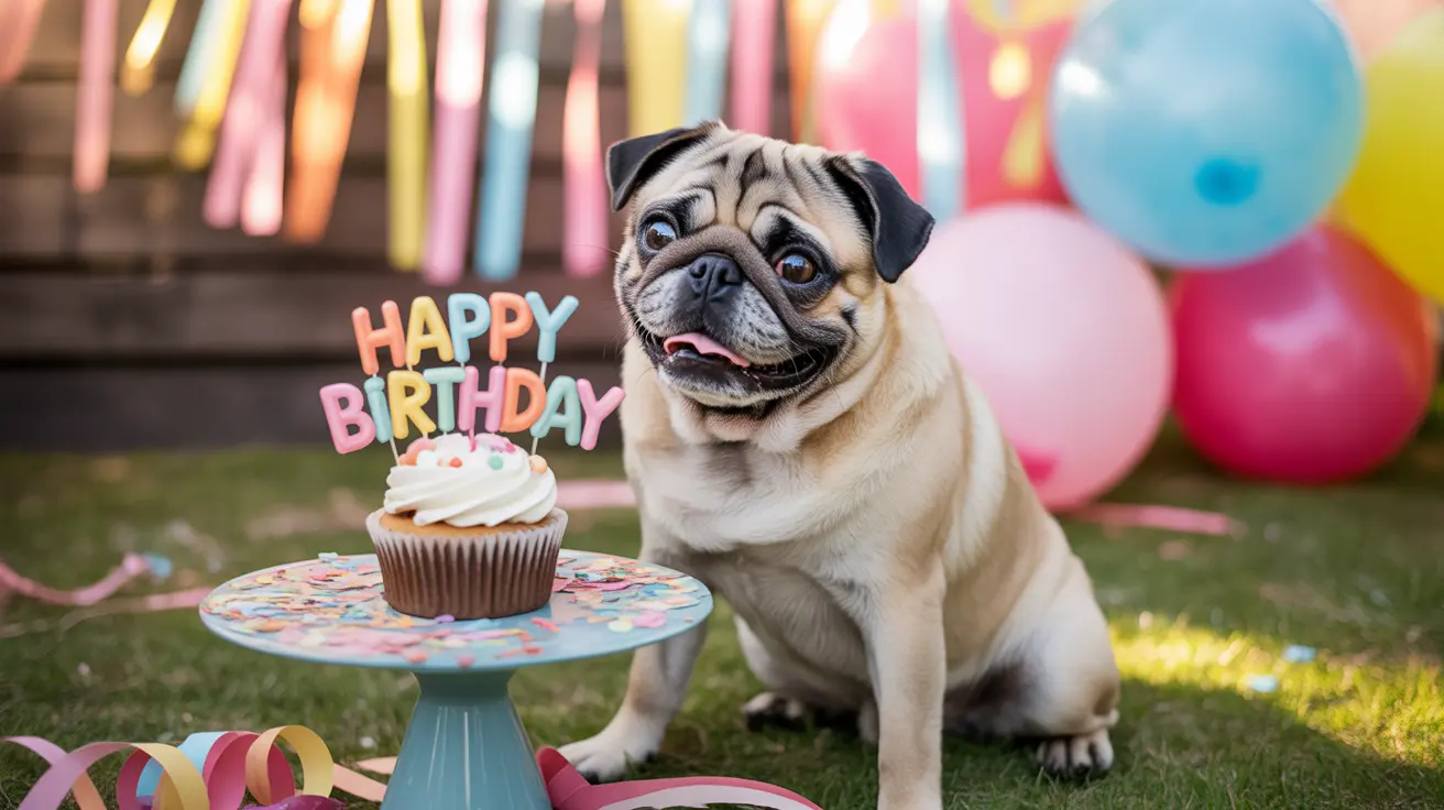 A cute pug celebrating its birthday with a cupcake and festive decorations