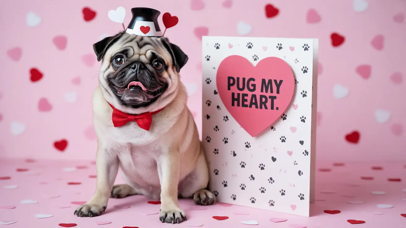 A cute pug wearing a red bow tie and nurse's hat with a Valentine's Day card saying 'PUG MY HEART'