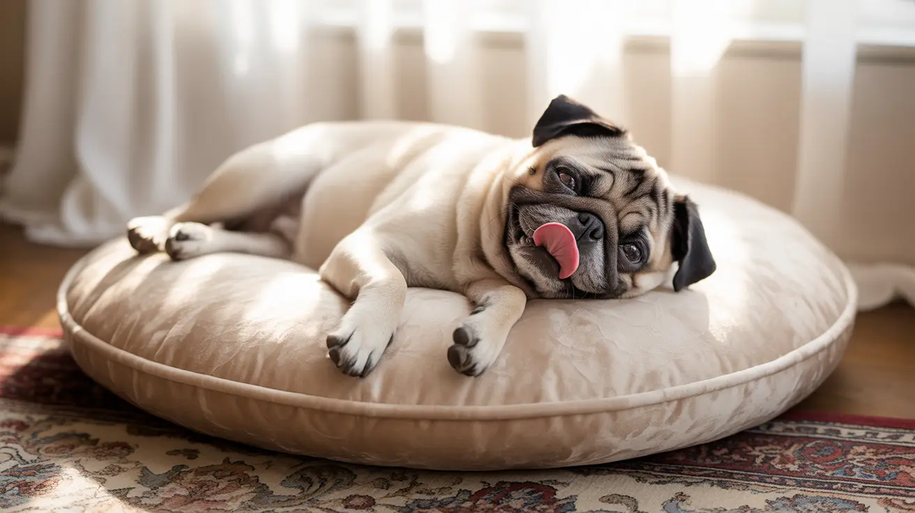 A cute pug dog lying on a soft beige cushion with its tongue slightly out, looking adorable and relaxed