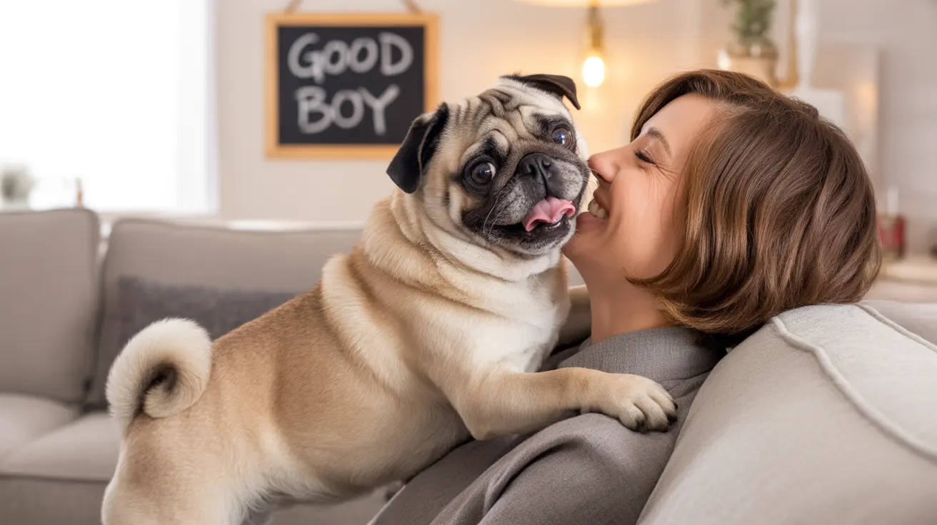 A cute pug receiving an affectionate kiss from a person on a cozy living room couch