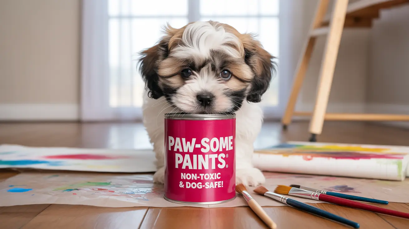 A cute puppy sitting behind a bright pink can of 'Paw-some Paints' with paintbrushes nearby