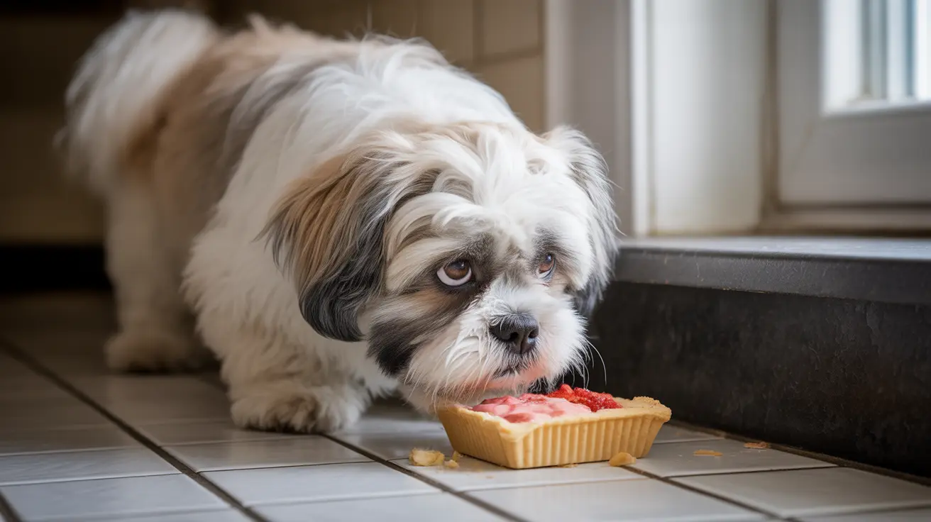 Um lindo cachorro Shih Tzu olhando para uma torta de frutas perto de uma janela