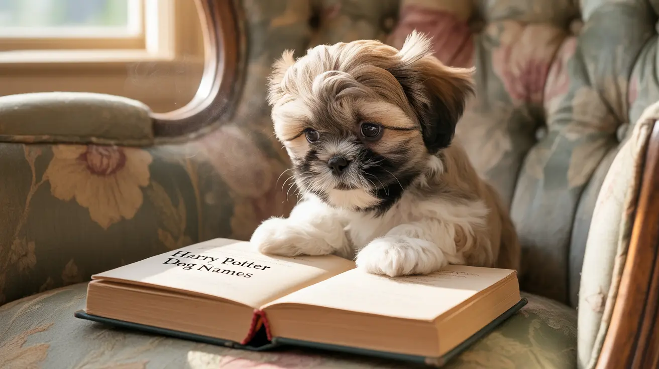 A cute Shih Tzu puppy sitting on a chair with an open book about dog names