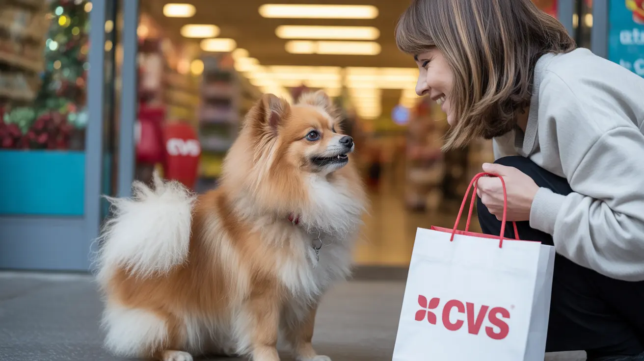 Un perro Pomeranio esponjoso de pie en una tienda CVS junto a una persona con una bolsa de compras
