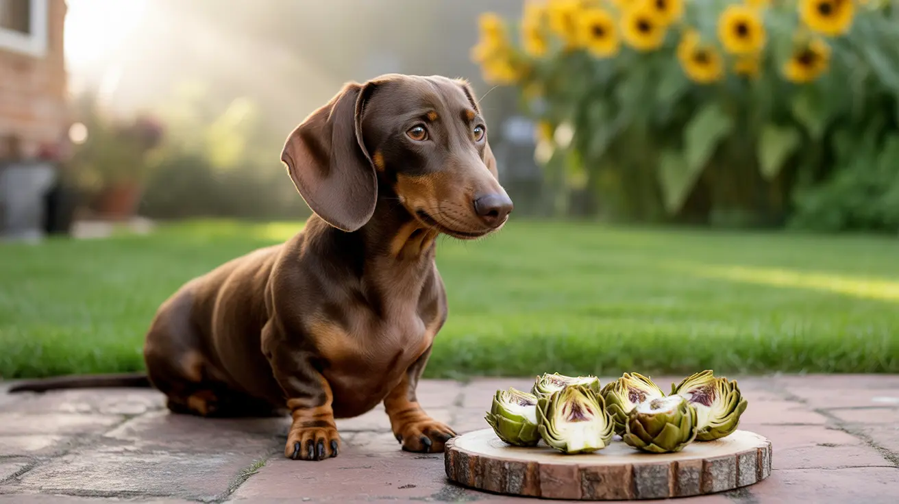 Chocolate and tan Dachshund sitting attentively next to a wooden board with artichokes in a sunlit garden