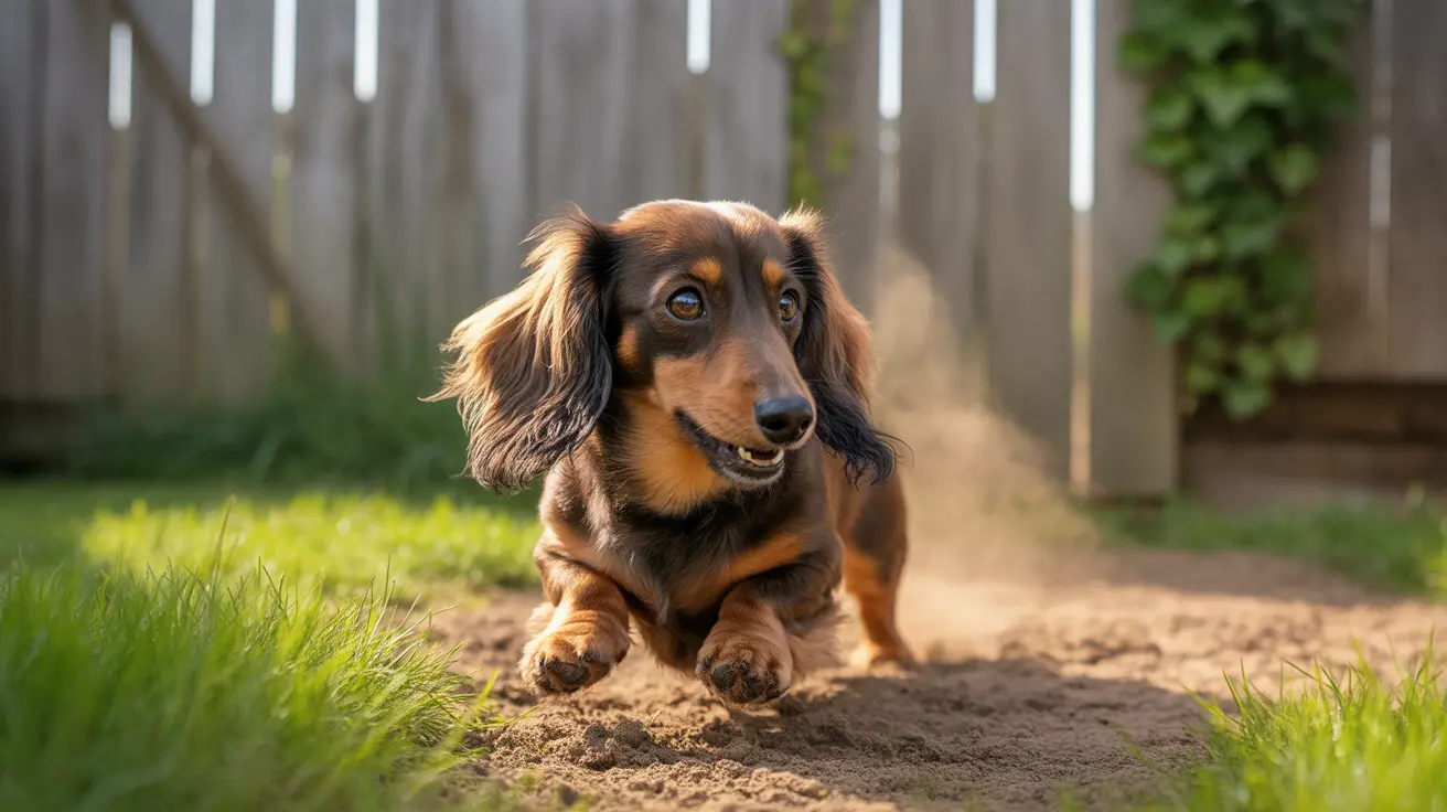 Long-haired black and tan Dachshund sitting alert on a backyard dirt path