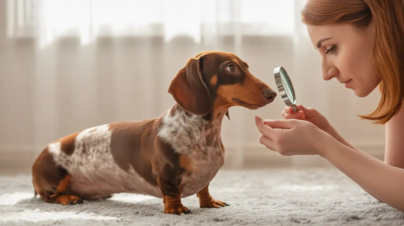 A dachshund being examined with a magnifying glass by a person in a curtained room