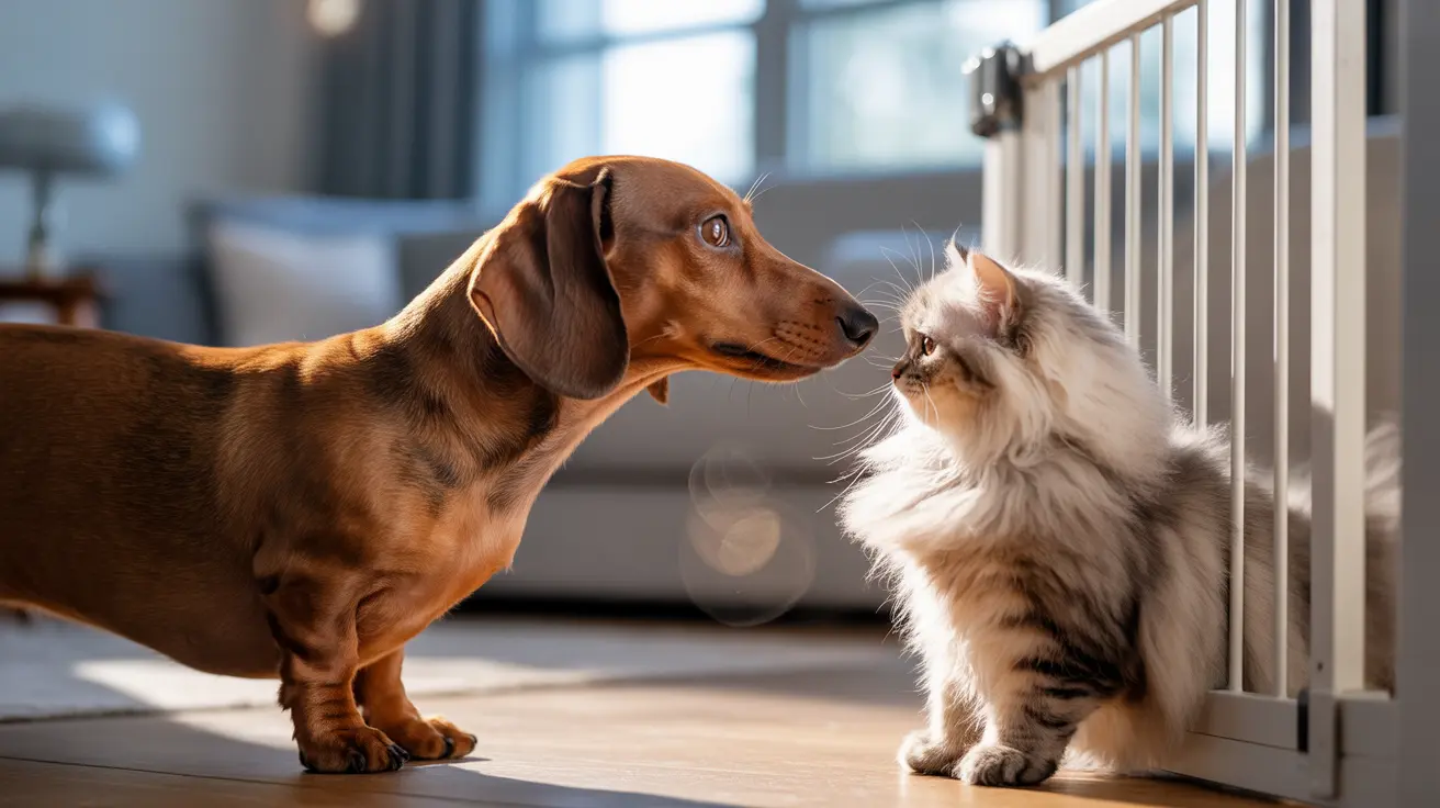 A dachshund and a fluffy white cat facing each other near a baby gate in a sunlit indoor setting.