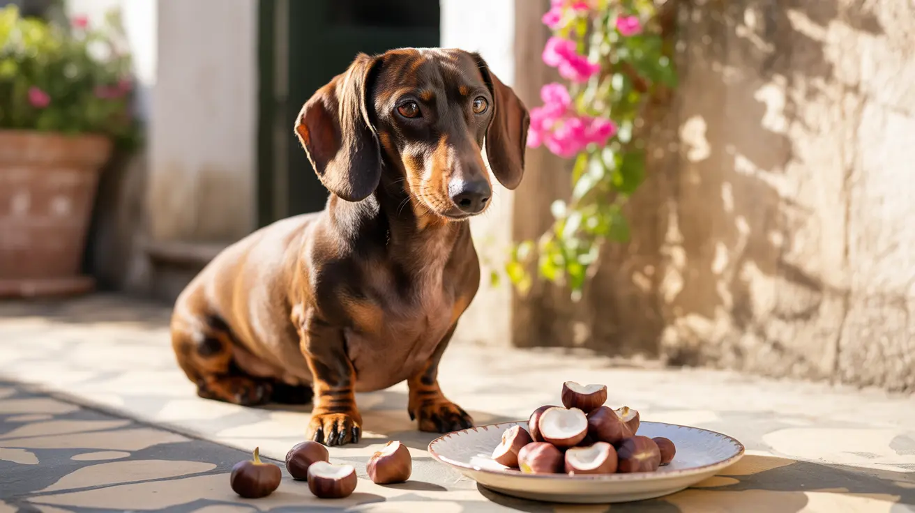 A dachshund sitting alertly near a plate of chestnuts on a sunny outdoor patio