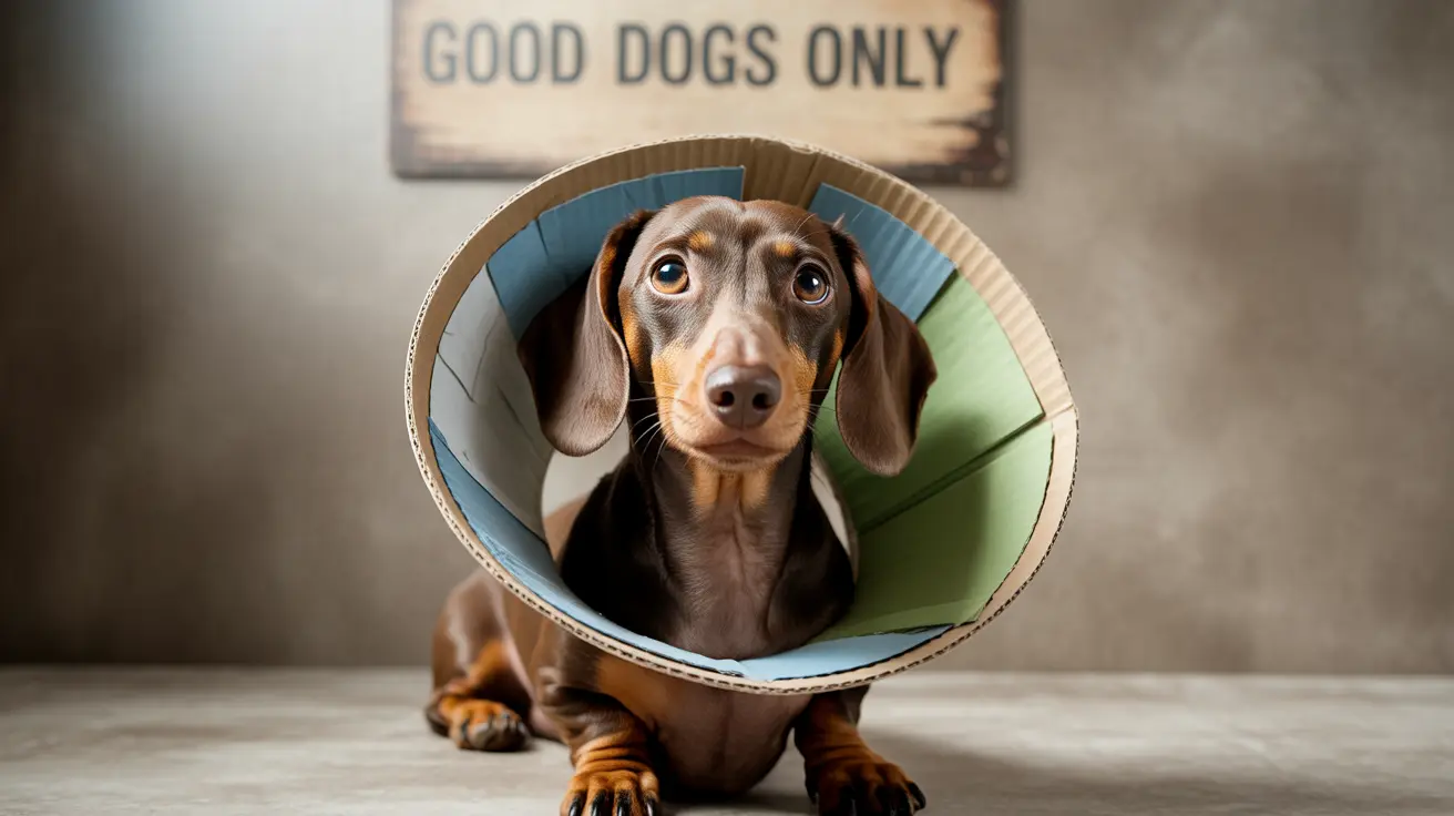 A dachshund sitting inside a colorful cardboard circular tunnel with a 'Good Dogs Only' sign in the background