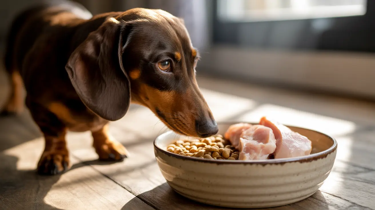 A dark brown and tan Dachshund looking at a ceramic bowl with dog food and raw meat