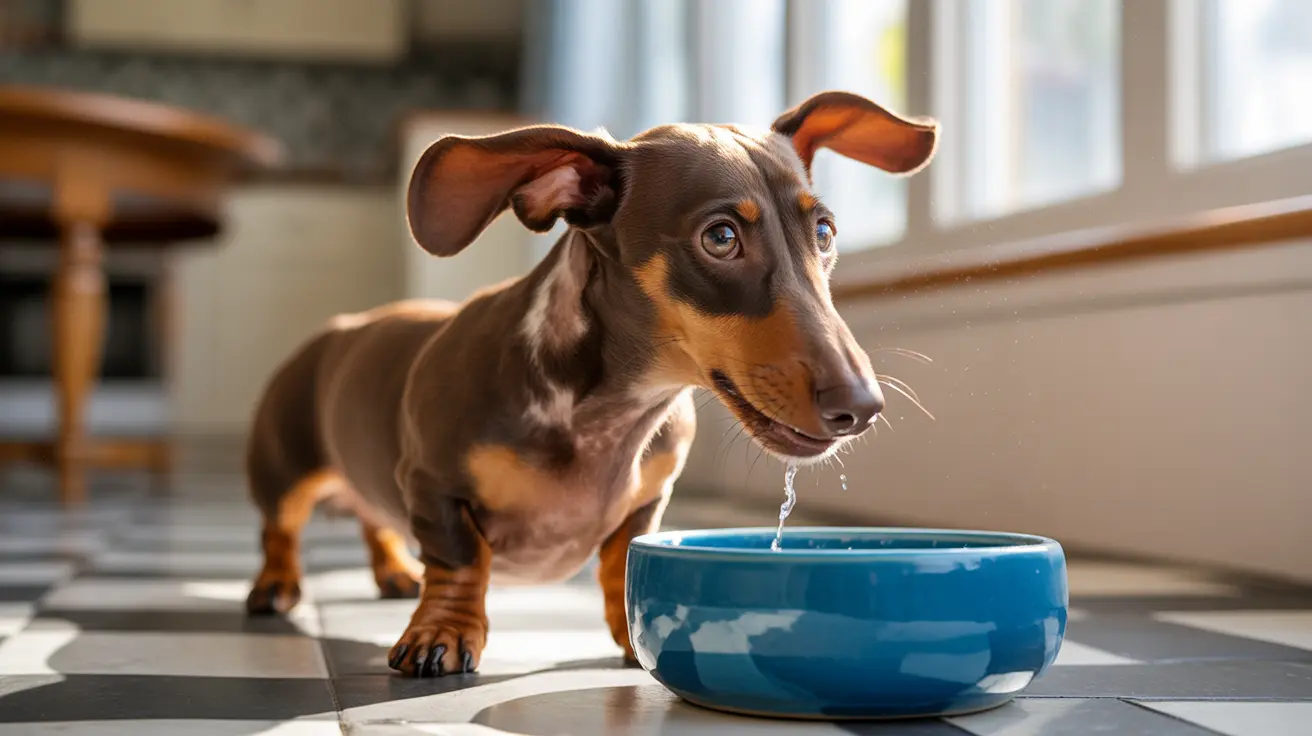 A young Dachshund drinking water from a blue ceramic bowl in a bright indoor setting