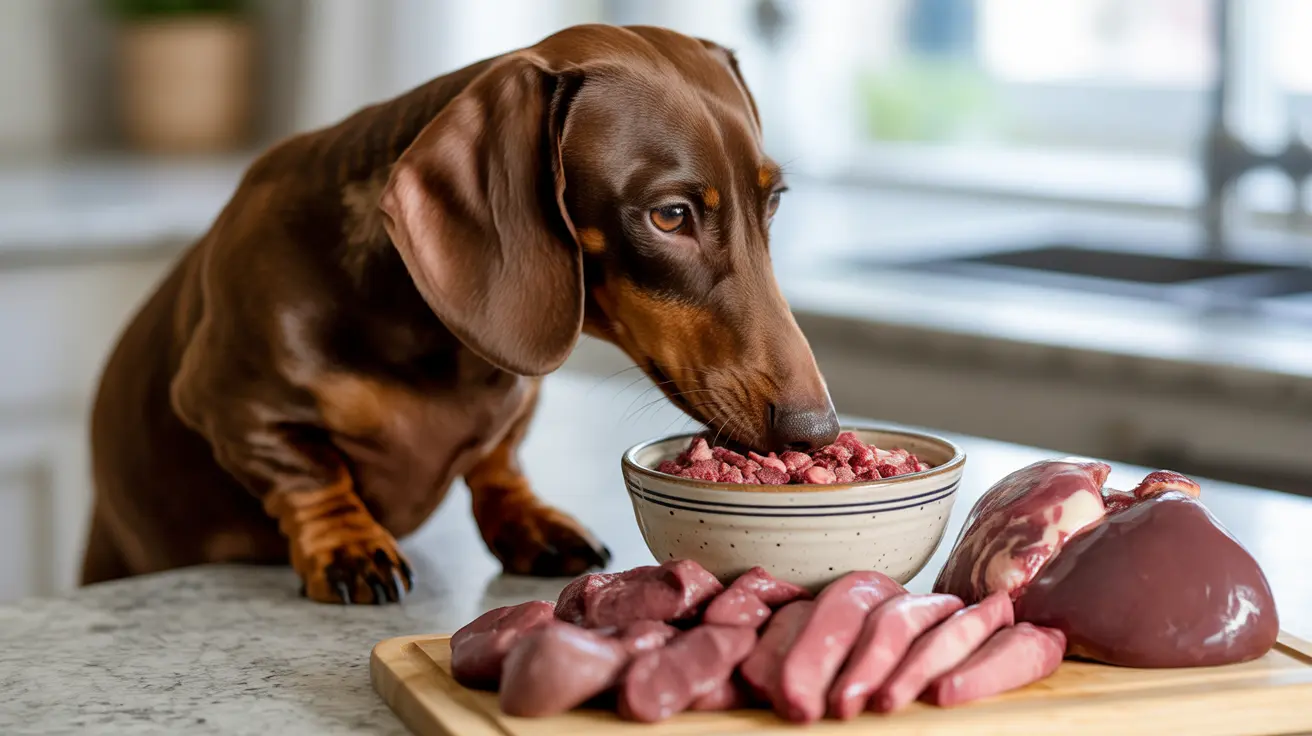 A chocolate and tan Dachshund intently eating raw meat from a ceramic bowl in a kitchen setting.