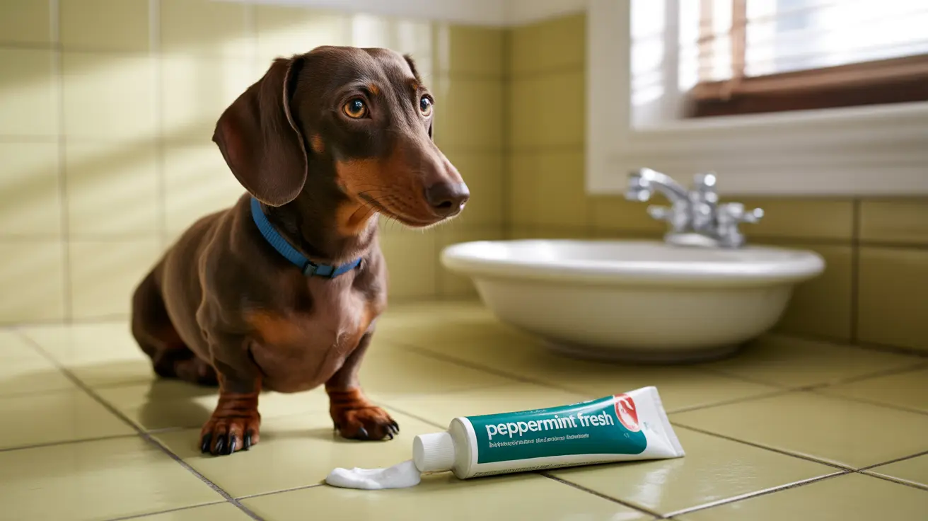 A dark brown Dachshund sitting on a tiled bathroom floor next to a tube of peppermint toothpaste