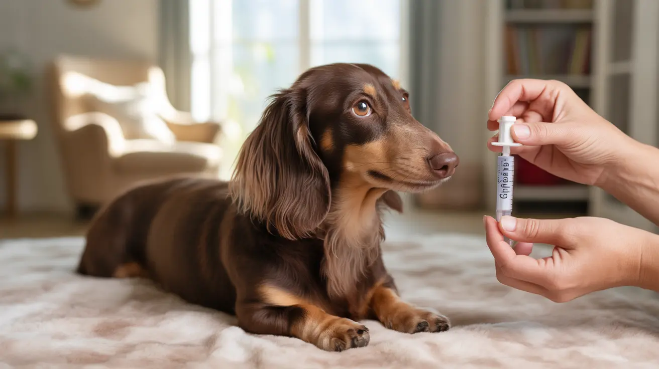 A long-haired dachshund receiving medical treatment at home with a syringe