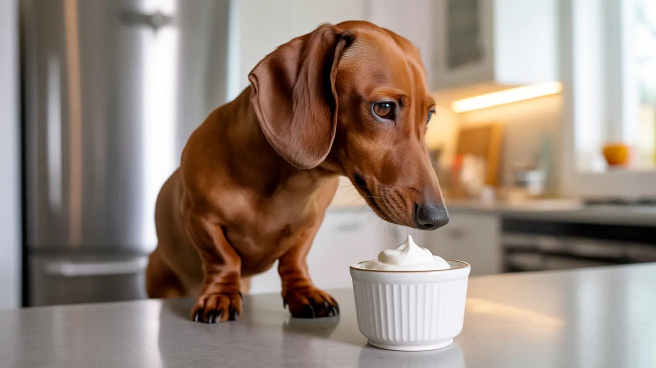 Reddish-brown Dachshund sitting on a kitchen counter looking at a white bowl of whipped cream