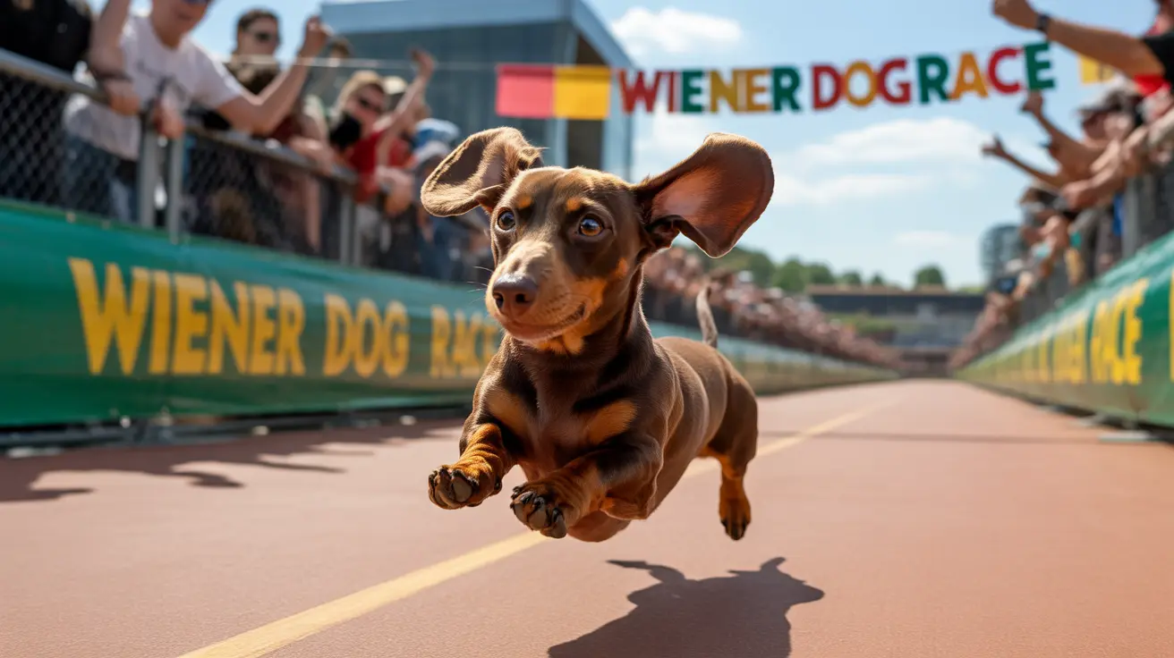 A Dachshund mid-leap during a wiener dog race, with spectators cheering in the background.
