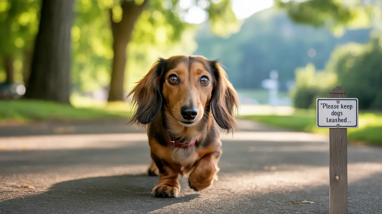 A long-haired dachshund walking on a paved path near a 'Please keep dogs leashed' sign