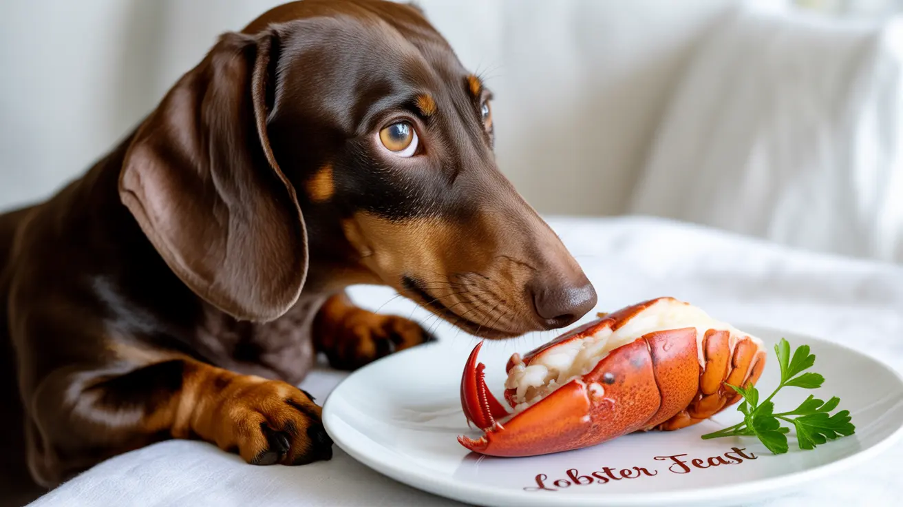 A chocolate and tan Dachshund curiously examining a large red lobster tail on a white plate