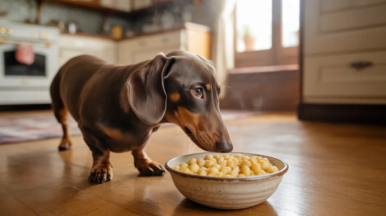 A black and tan Dachshund intently looking at a bowl of corn kernels in a kitchen setting