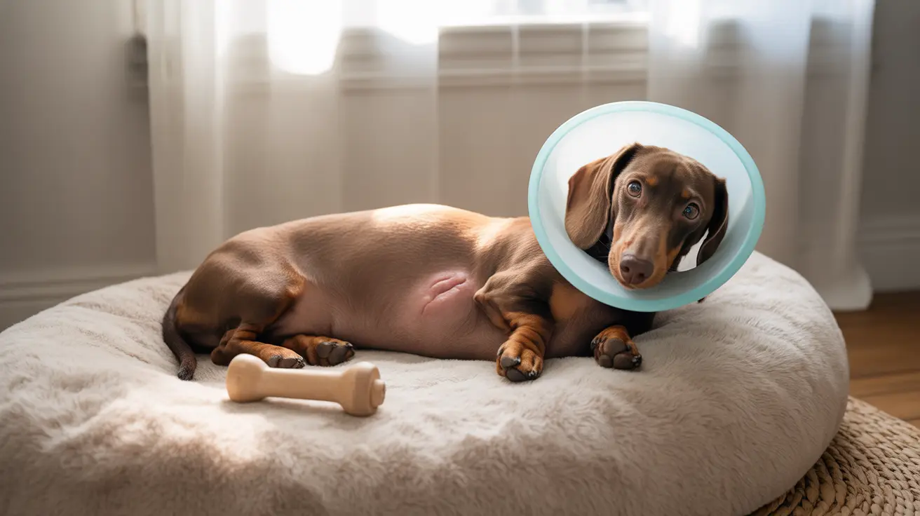 A Dachshund wearing a protective medical cone lying on a soft beige dog bed with a chew bone nearby.