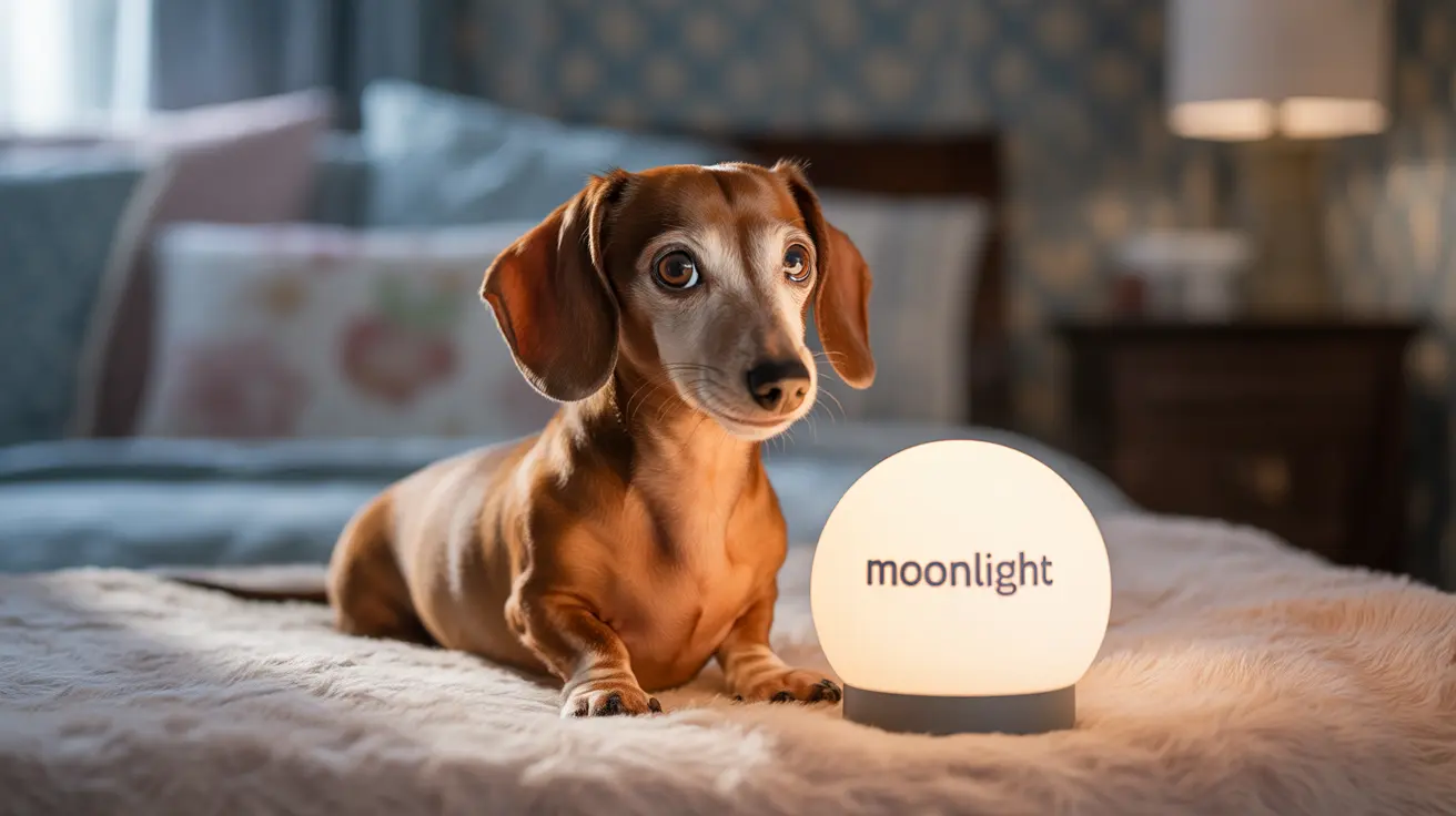 A brown dachshund sitting attentively next to a glowing moonlight spherical lamp on a soft fuzzy blanket