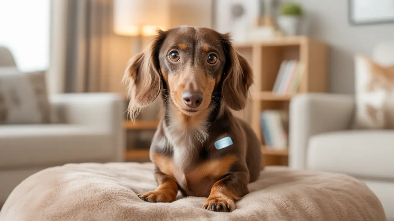 A long-haired dachshund sitting attentively on a soft beige dog bed in a cozy living room setting