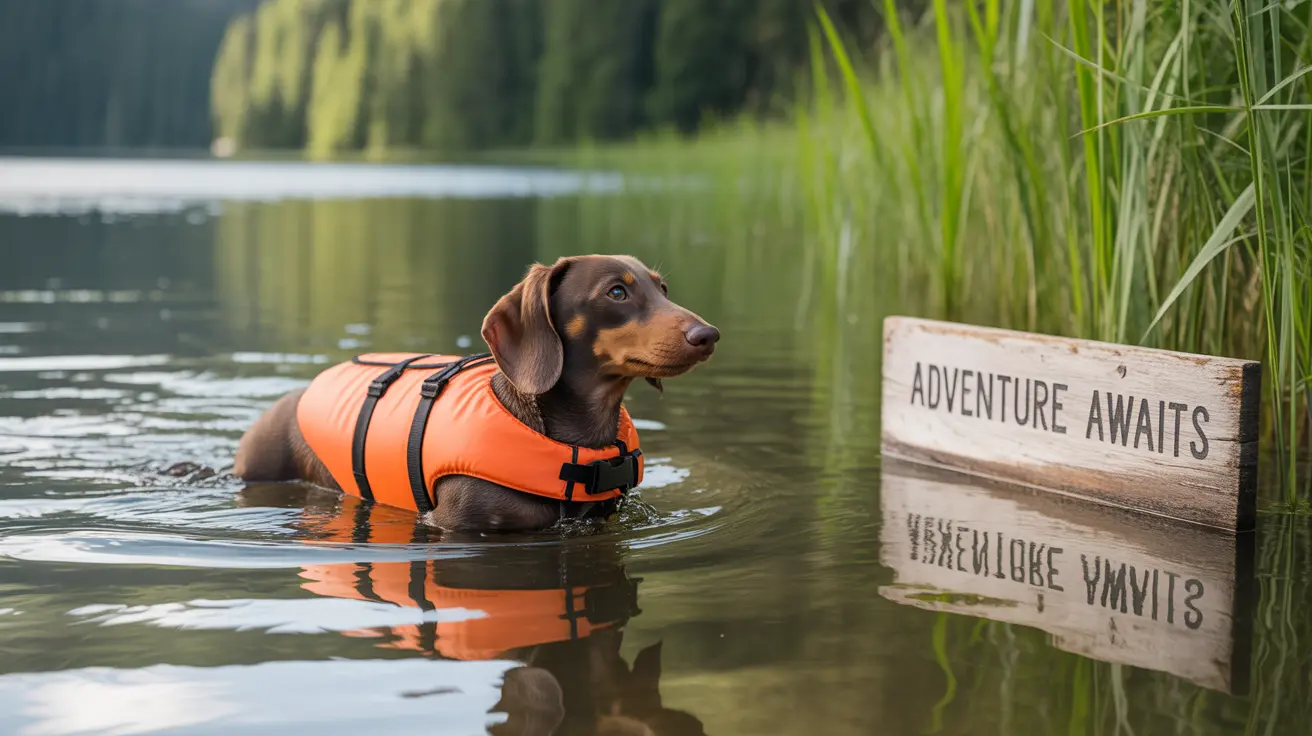 A dachshund in a bright orange life vest swimming in a calm lake with grass and forest in the background