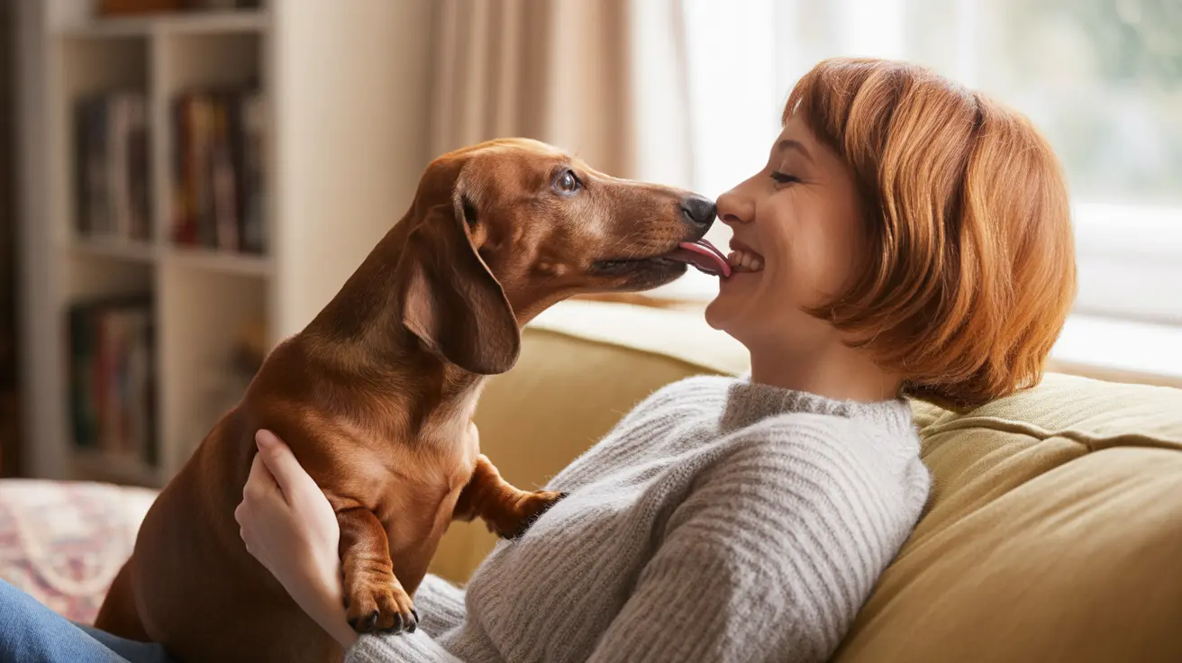 A loving interaction between a Dachshund and its owner, with the dog giving an affectionate lick