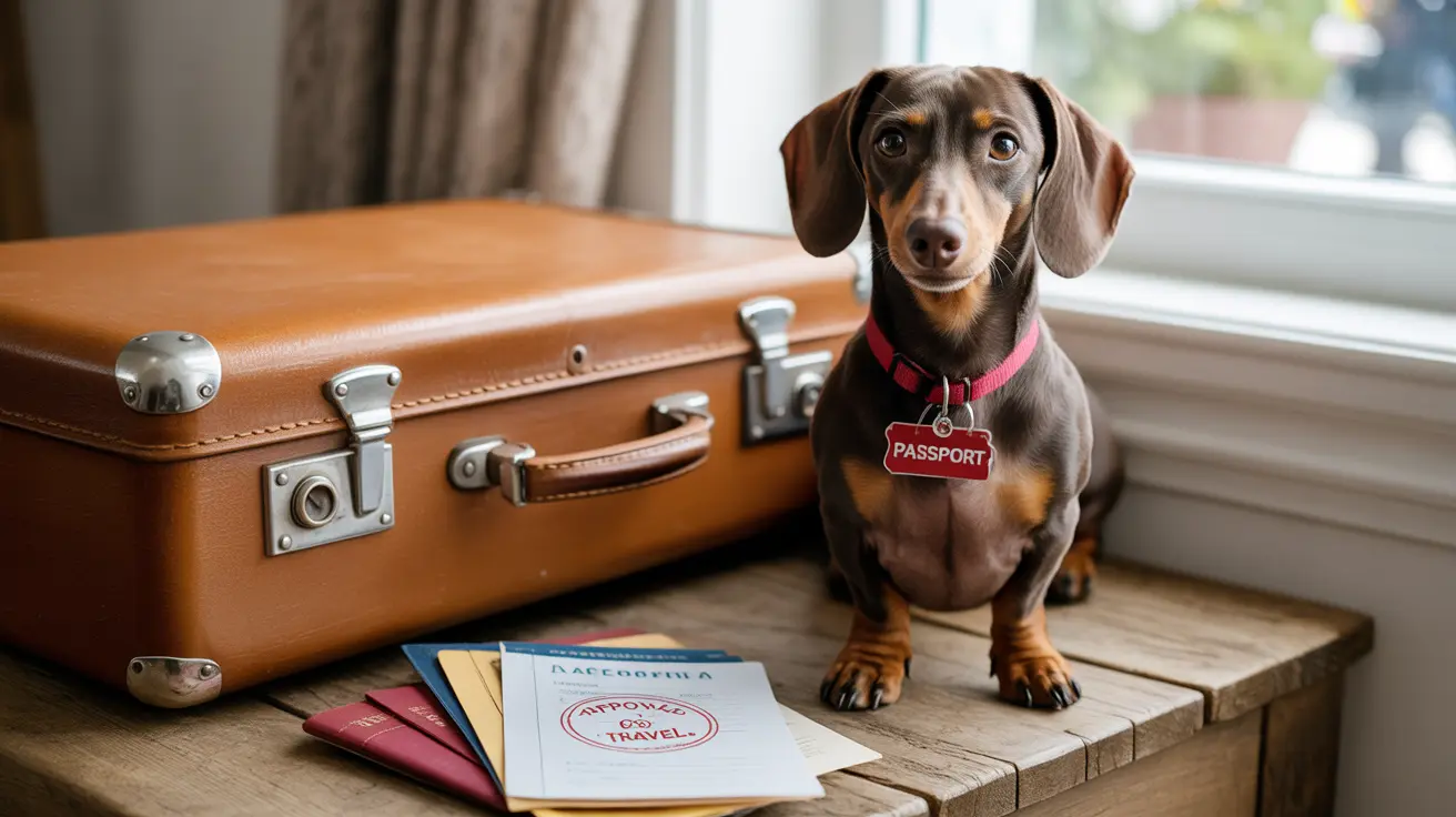 A dachshund wearing a red collar and 'Passport' tag sitting next to a vintage leather suitcase and travel documents