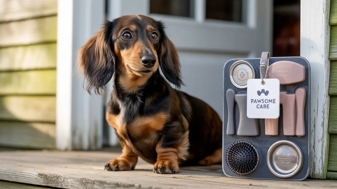 Long-haired dachshund beside Pawsome Care grooming kit on wooden porch