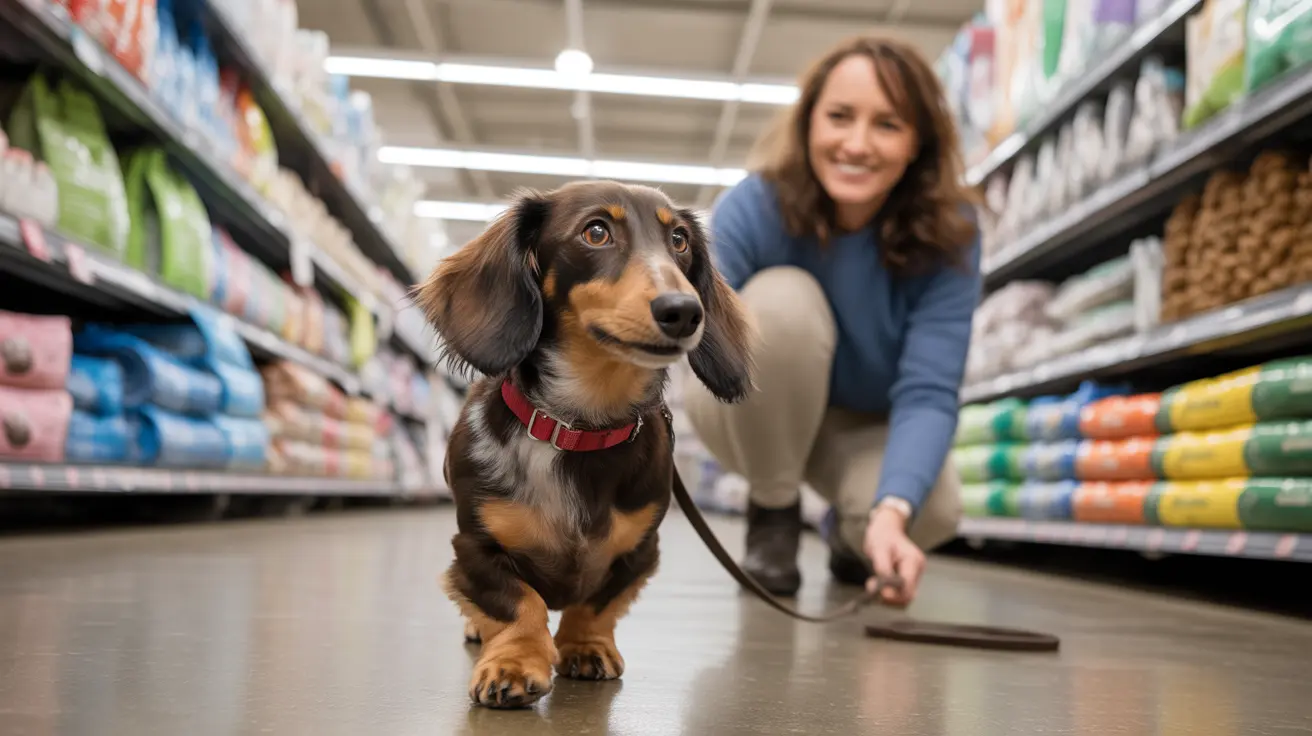A long-haired dachshund standing in a pet supply store aisle, wearing a red collar and leash
