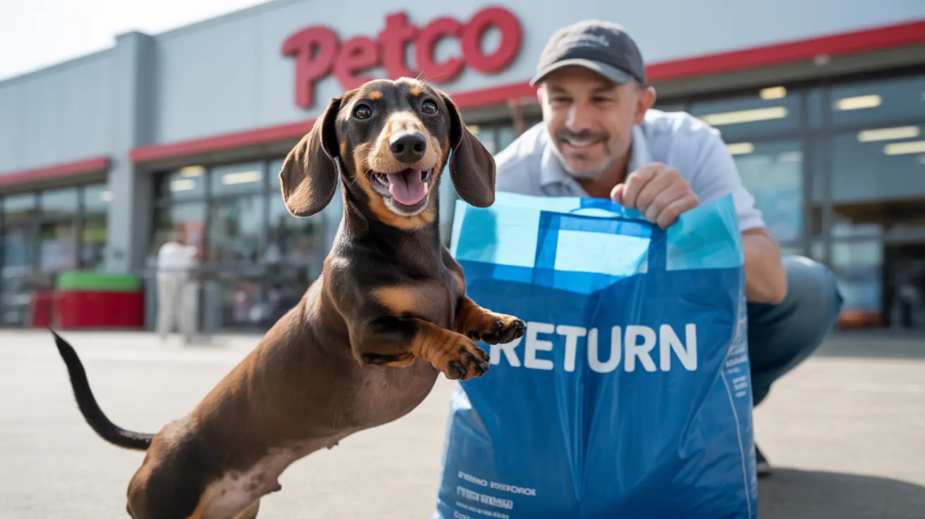 A happy dachshund posing playfully next to a person holding a blue Petco return bag outside a Petco store