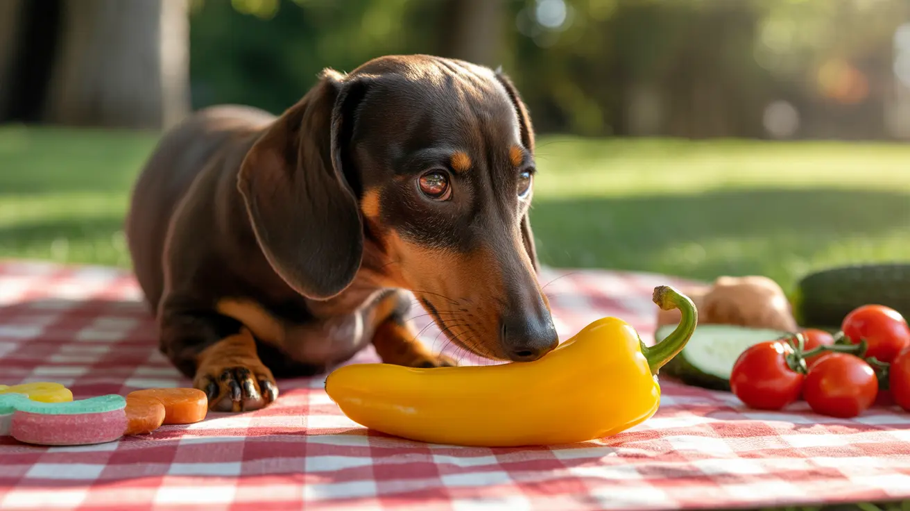 Black and tan Dachshund sitting on a red and white checkered picnic blanket surrounded by various vegetables