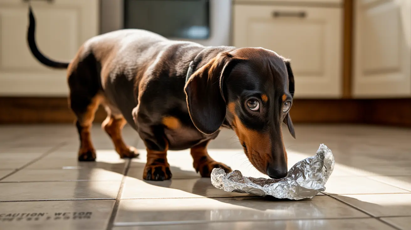 A black and tan Dachshund puppy investigating a crumpled piece of aluminum foil on a tiled kitchen floor